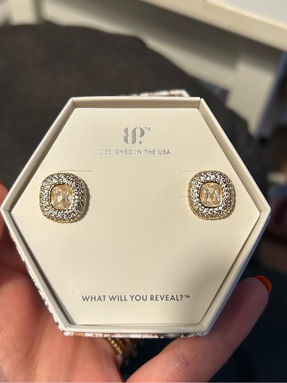 bp Gold-Tone Stud Earrings with Champagne Center and Clear Halo